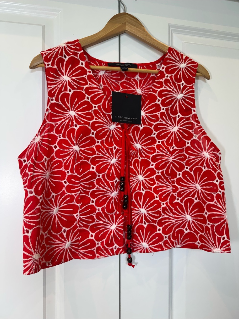 Andrew Marc Embroidered Floral Sleeveless Tie Vest